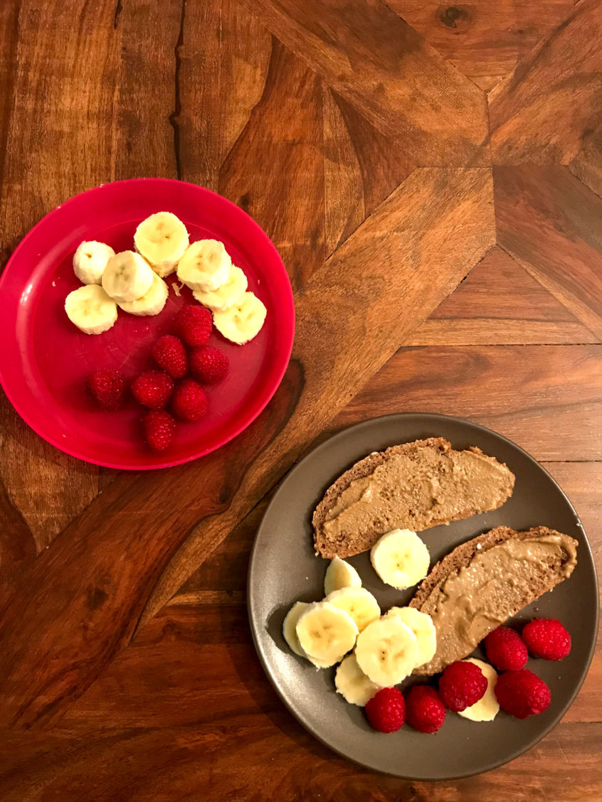 Breakfast with almond butter and fresh fruits
